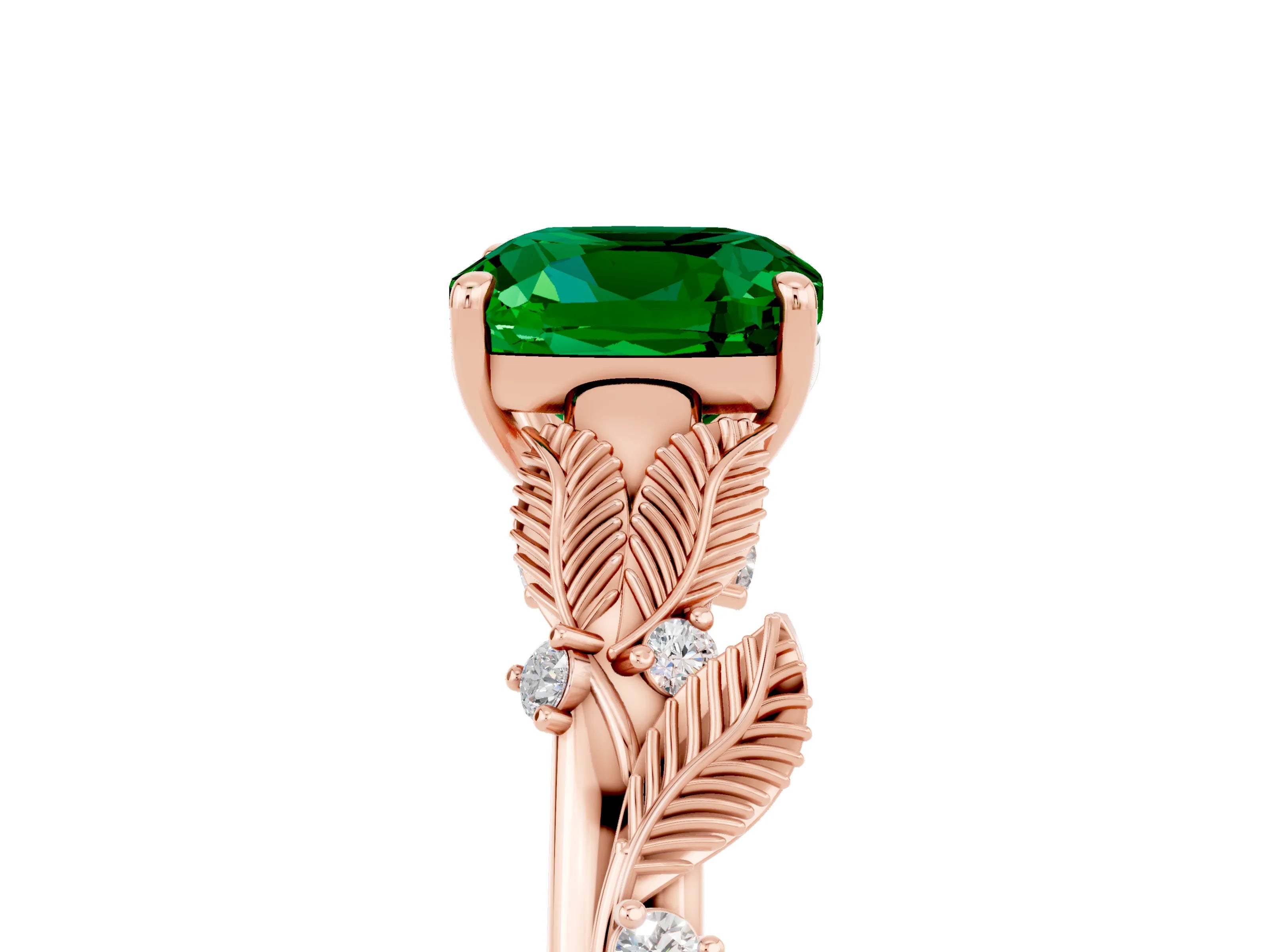 Rose gold Cushion Cut Emerald Solitaire Ring with Leaf Motif Band and Four-Prong Setting_5