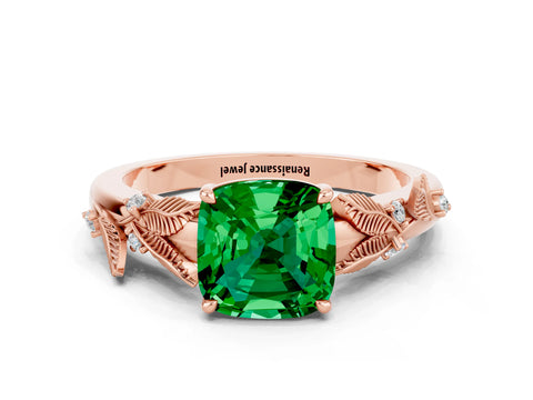 Rose gold Cushion Cut Emerald Solitaire Ring with Leaf Motif Band and Four-Prong Setting