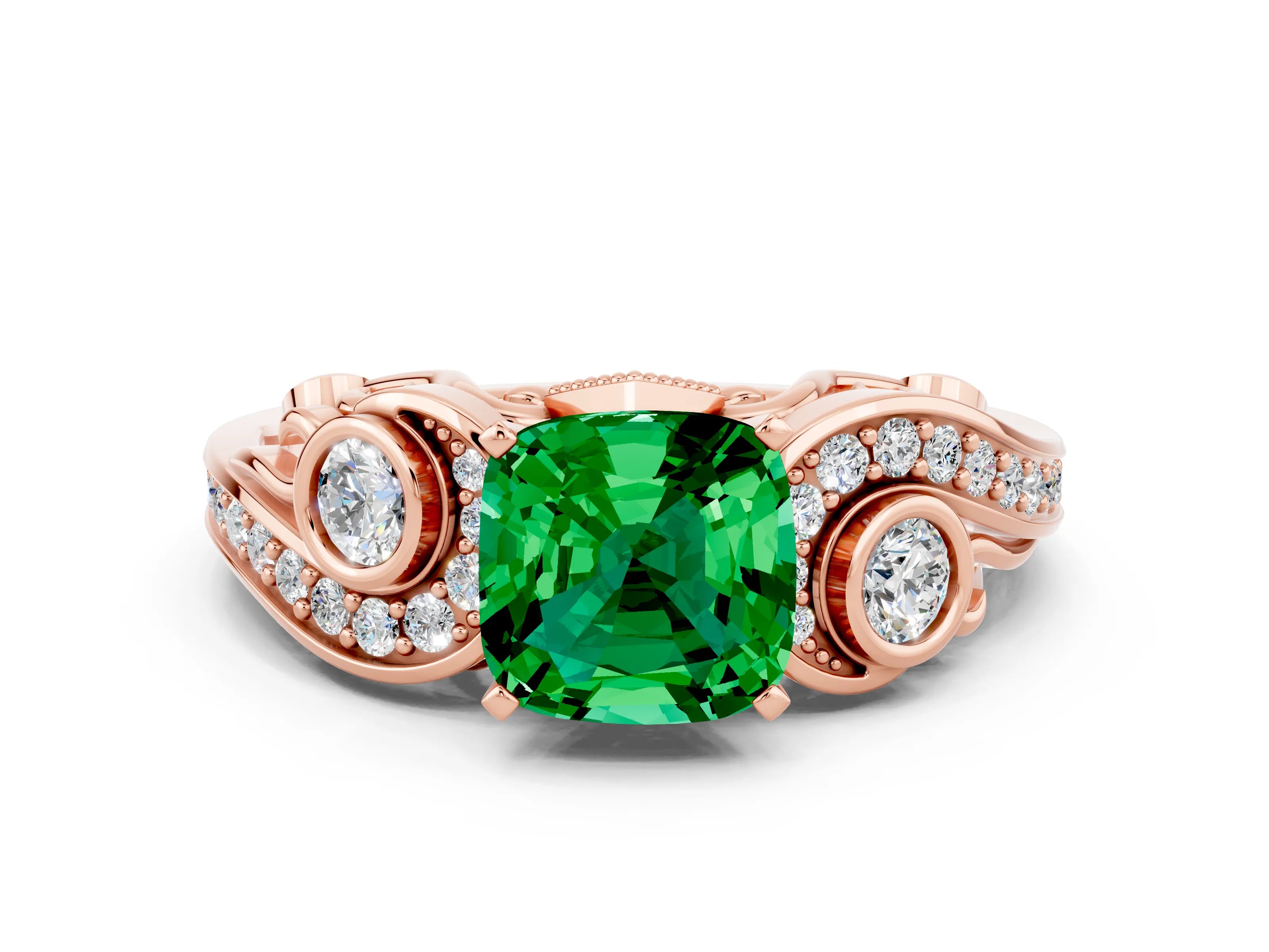 Rose gold Cushion Cut Emerald Solitaire Ring with Milgrain Pavé Band and Four-Prong Setting_24
