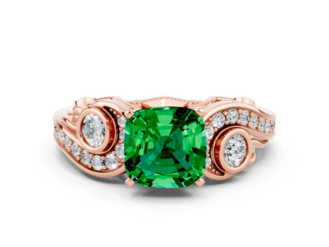 Rose gold Cushion Cut Emerald Solitaire Ring with Milgrain Pavé Band and Four-Prong Setting_24