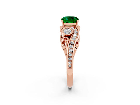 Rose gold Cushion Cut Emerald Solitaire Ring with Milgrain Pavé Band and Four-Prong Setting_26