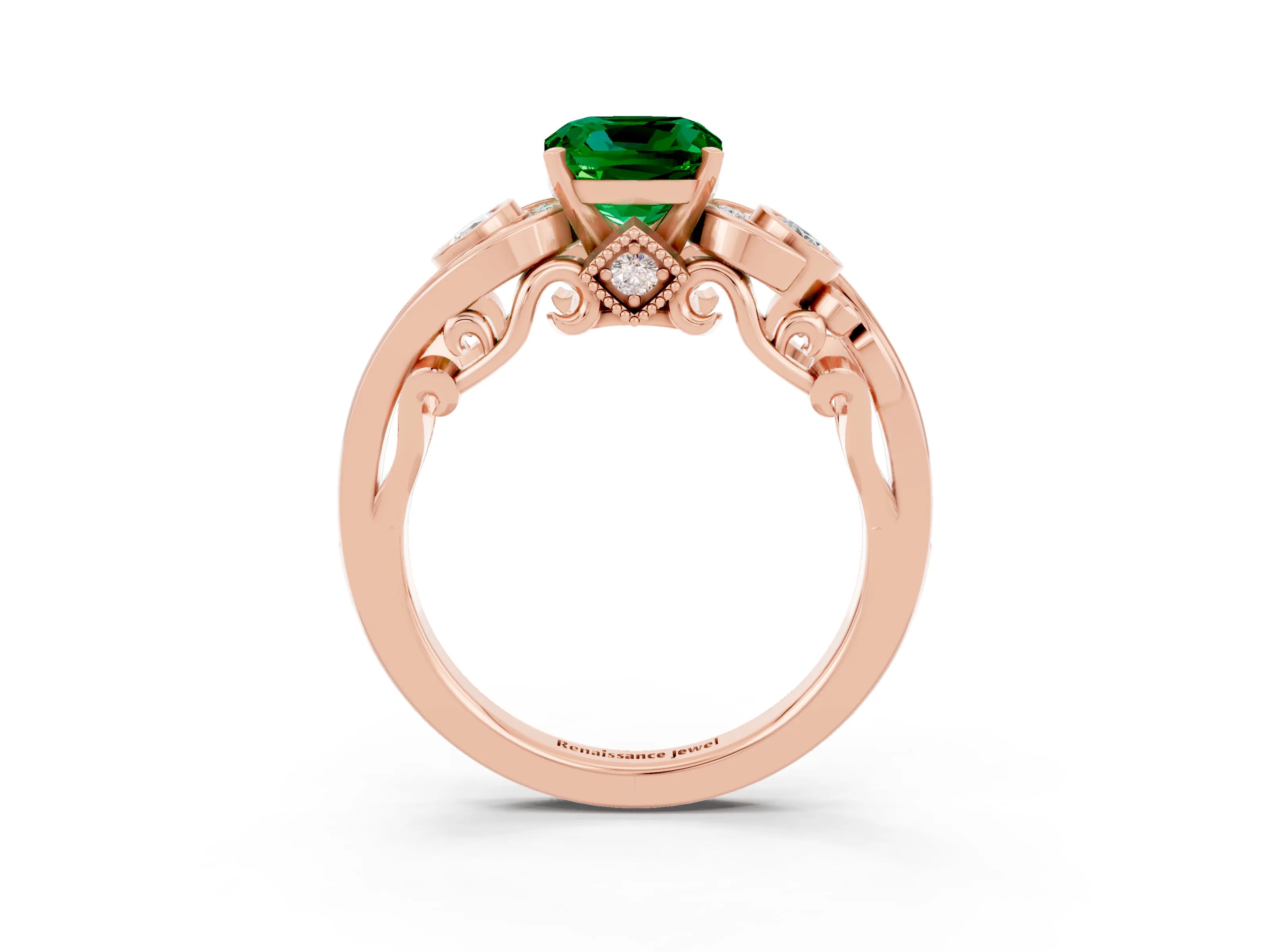 Rose gold Cushion Cut Emerald Solitaire Ring with Milgrain Pavé Band and Four-Prong Setting_27