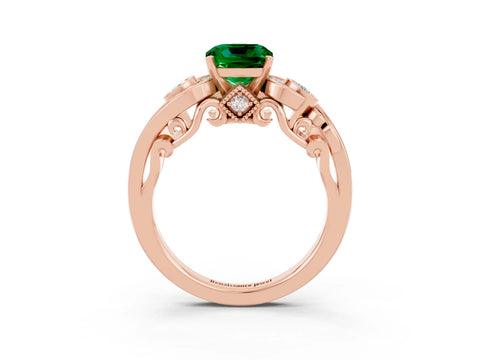 Rose gold Cushion Cut Emerald Solitaire Ring with Milgrain Pavé Band and Four-Prong Setting_27