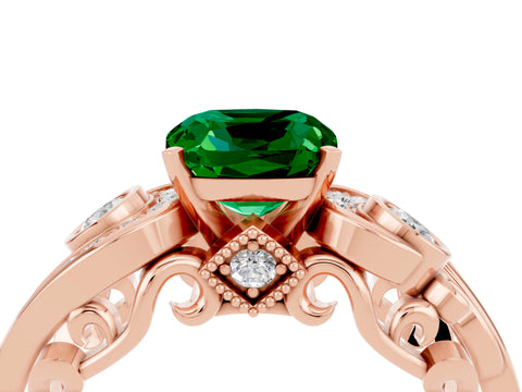 Rose gold Cushion Cut Emerald Solitaire Ring with Milgrain Pavé Band and Four-Prong Setting_28
