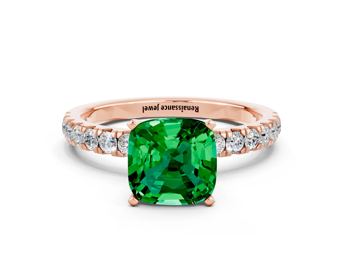 Rose gold Cushion Cut Emerald Solitaire Ring with Pavé Accents and Four-Prong Setting