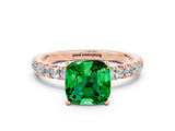 Rose gold Cushion Cut Emerald Solitaire Ring with Pavé Accents and Four-Prong Setting