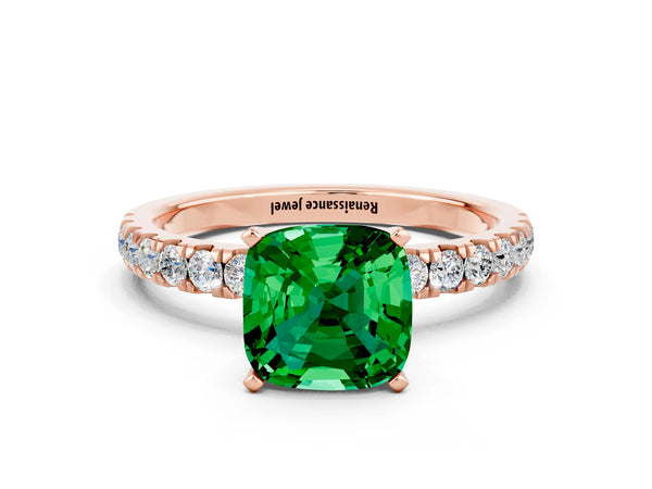 Rose gold Cushion Cut Emerald Solitaire Ring with Pavé Accents and Four-Prong Setting