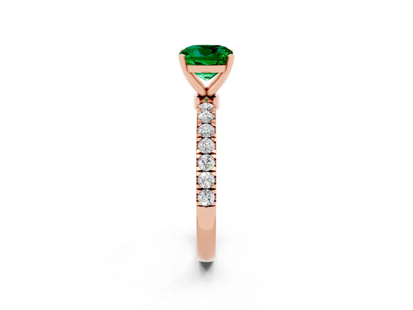 Rose gold Cushion Cut Emerald Solitaire Ring with Pavé Accents and Four-Prong Setting