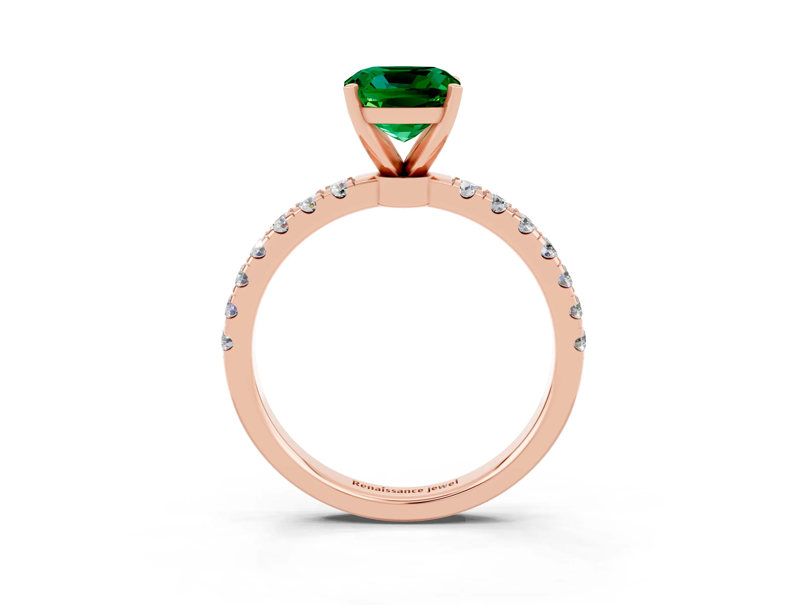 Rose gold Cushion Cut Emerald Solitaire Ring with Pavé Accents and Four-Prong Setting_3