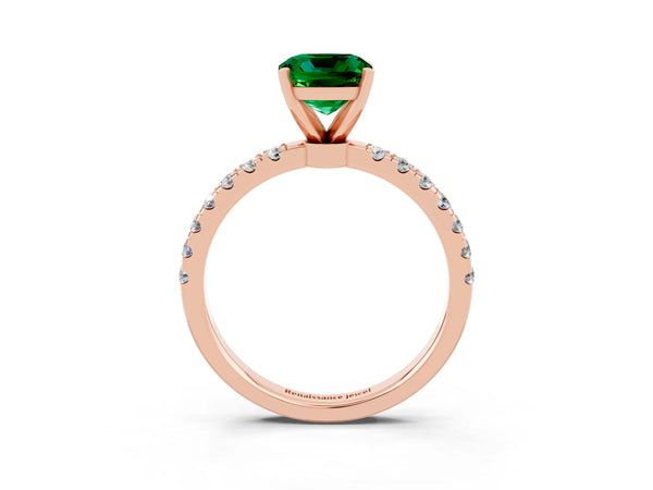 Rose gold Cushion Cut Emerald Solitaire Ring with Pavé Accents and Four-Prong Setting