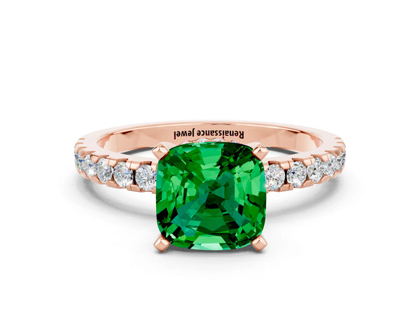 Rose gold Cushion Cut Emerald Solitaire Ring with Round  Pavé Band and Four-Prong Setting