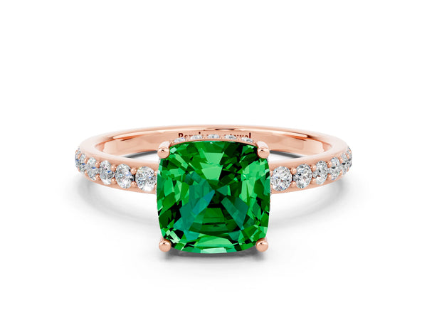 Rose gold Cushion Cut Emerald Solitaire Ring with Pavé Band and Hidden Halo