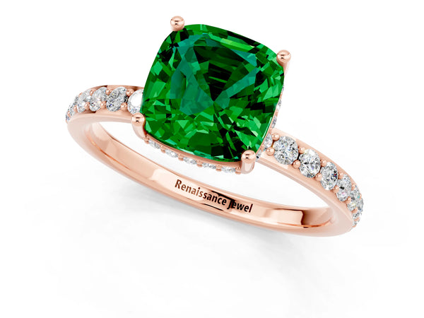 Rose gold Cushion Cut Emerald Solitaire Ring with Pavé Band and Hidden Halo