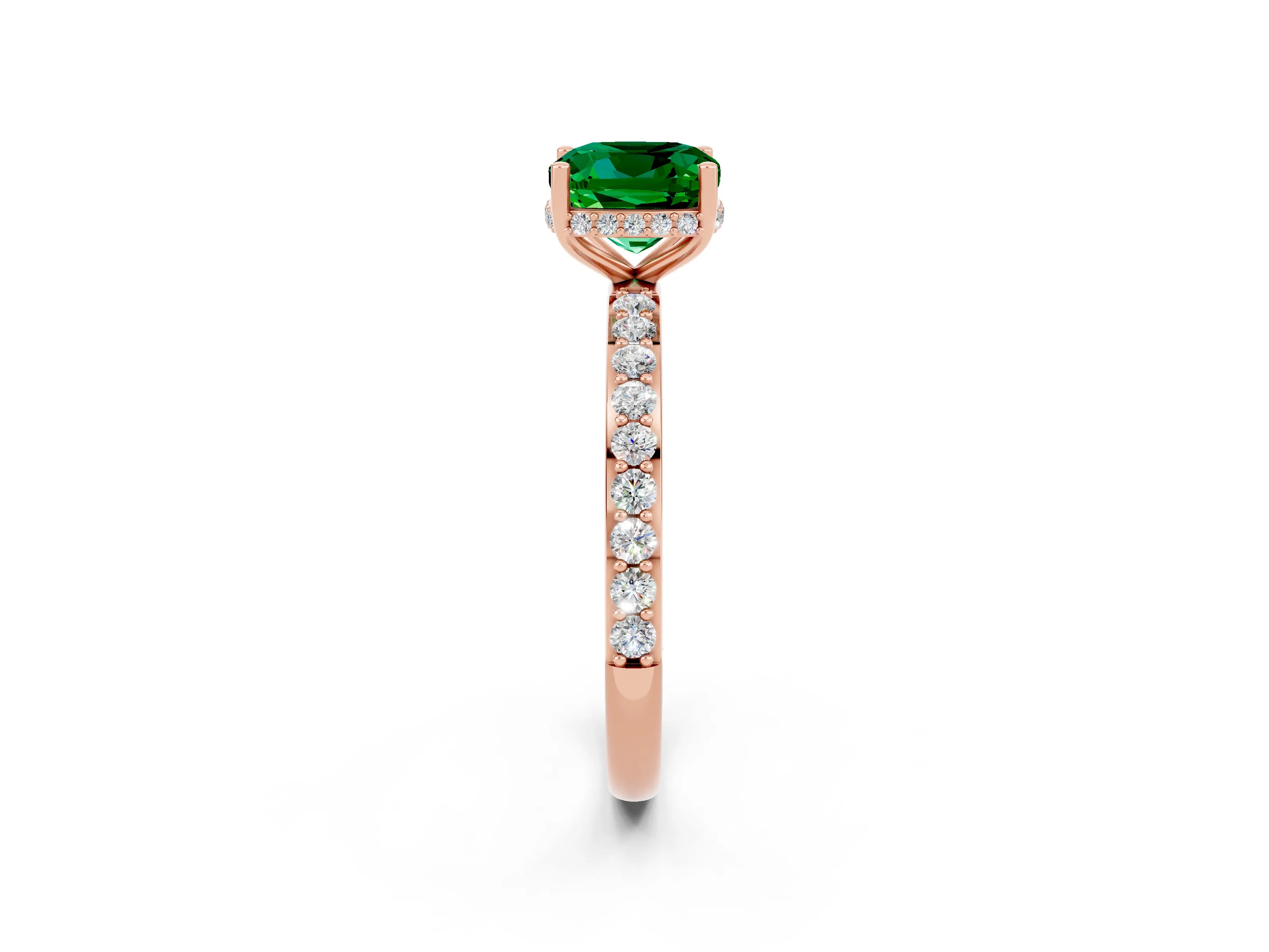 Rose gold Cushion Cut Emerald Solitaire Ring with Pavé Band and Hidden Halo_14
