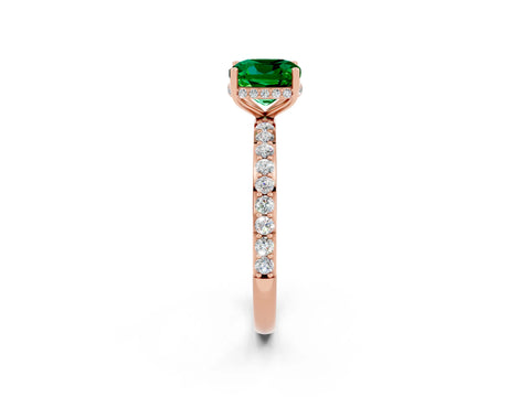 Rose gold Cushion Cut Emerald Solitaire Ring with Pavé Band and Hidden Halo_14
