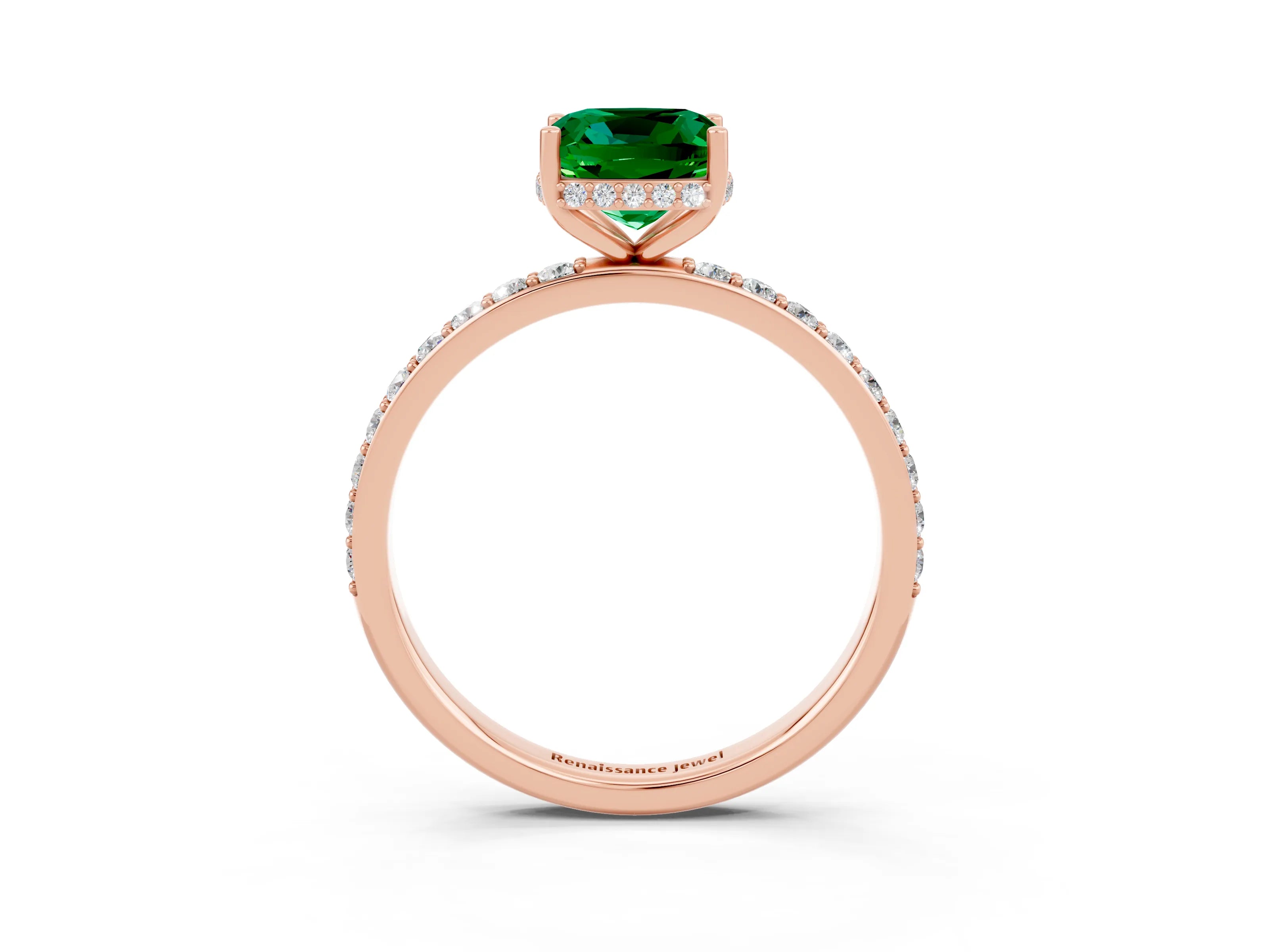 Rose gold Cushion Cut Emerald Solitaire Ring with Pavé Band and Hidden Halo_15