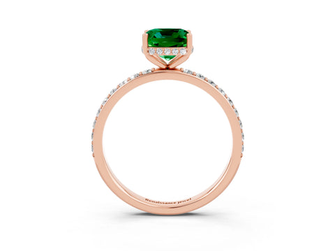 Rose gold Cushion Cut Emerald Solitaire Ring with Pavé Band and Hidden Halo_15
