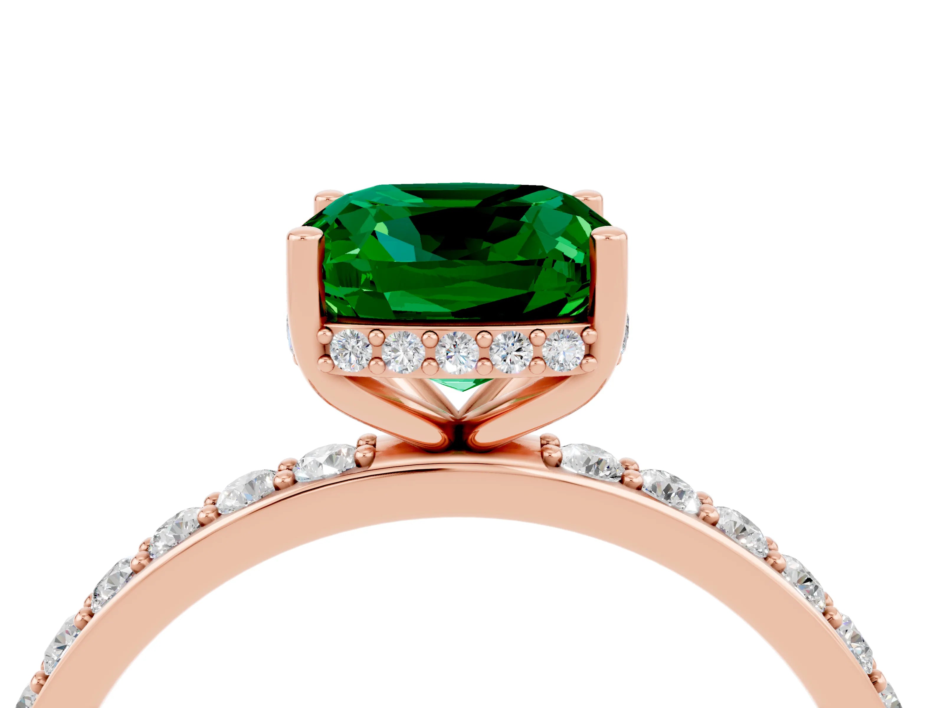 Rose gold Cushion Cut Emerald Solitaire Ring with Pavé Band and Hidden Halo_16