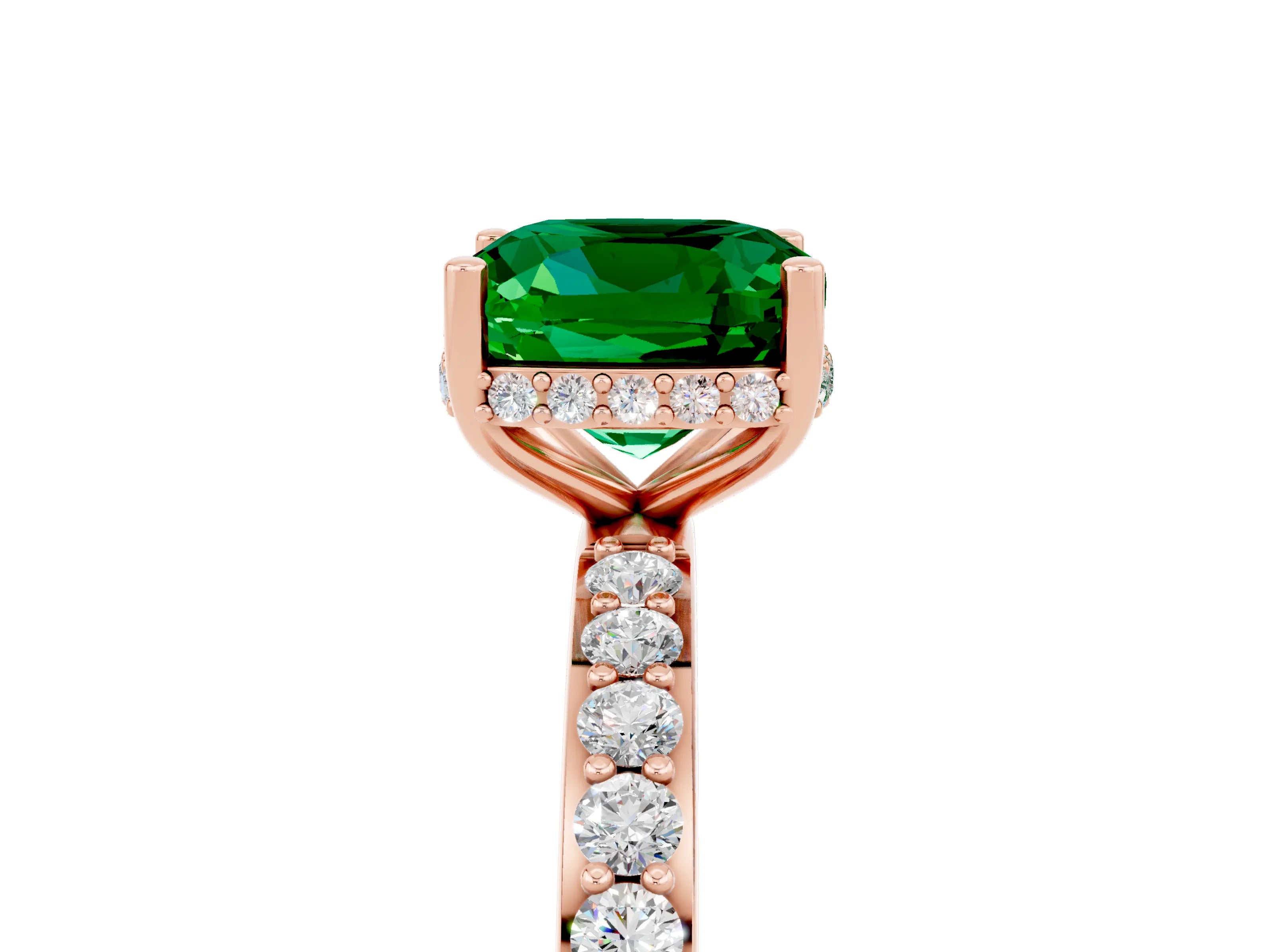 Rose gold Cushion Cut Emerald Solitaire Ring with Pavé Band and Hidden Halo_17