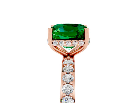 Rose gold Cushion Cut Emerald Solitaire Ring with Pavé Band and Hidden Halo_17