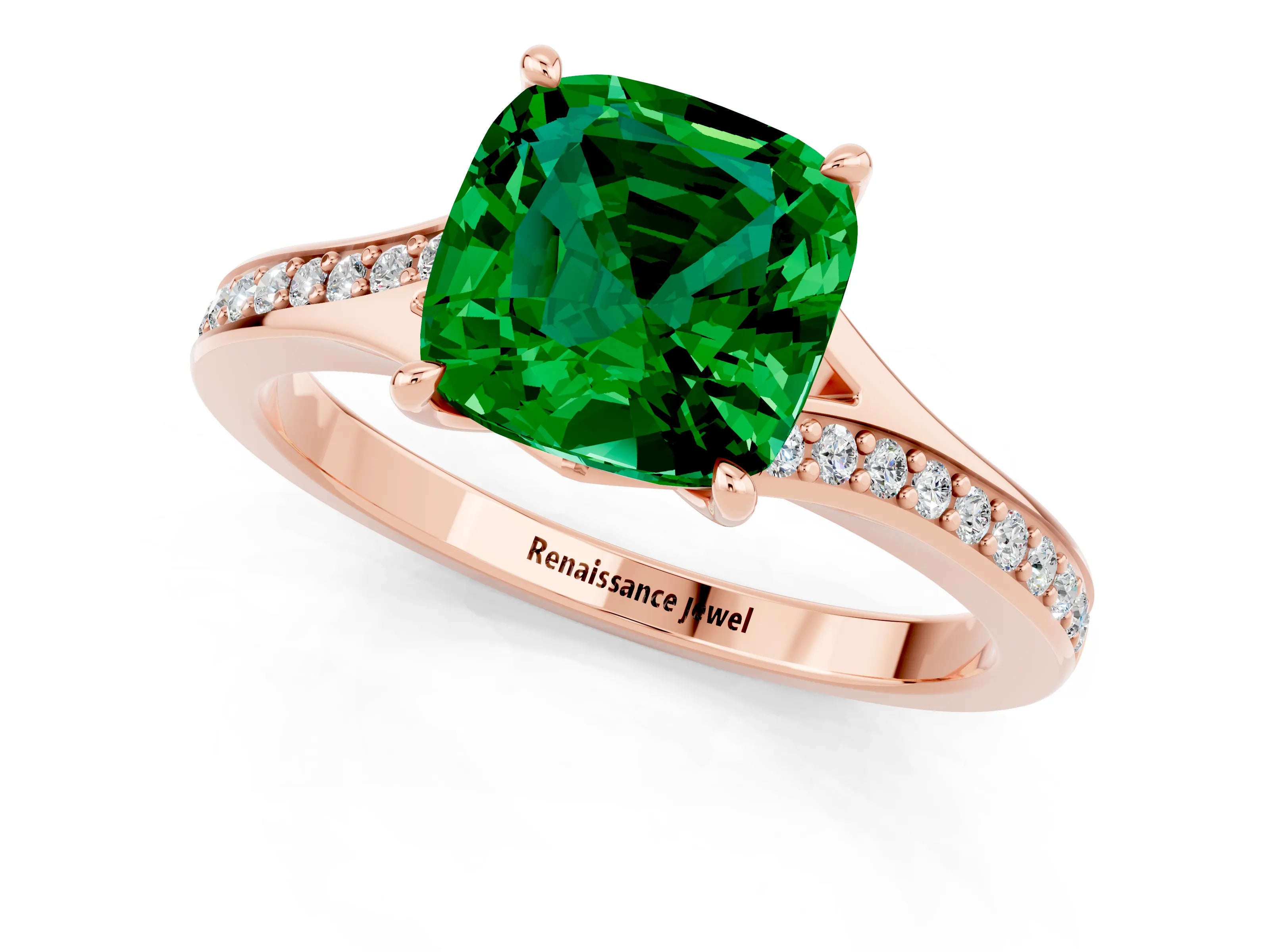 Rose gold Cushion Cut Emerald Solitaire Ring with Pavé Band and Prong Setting_1