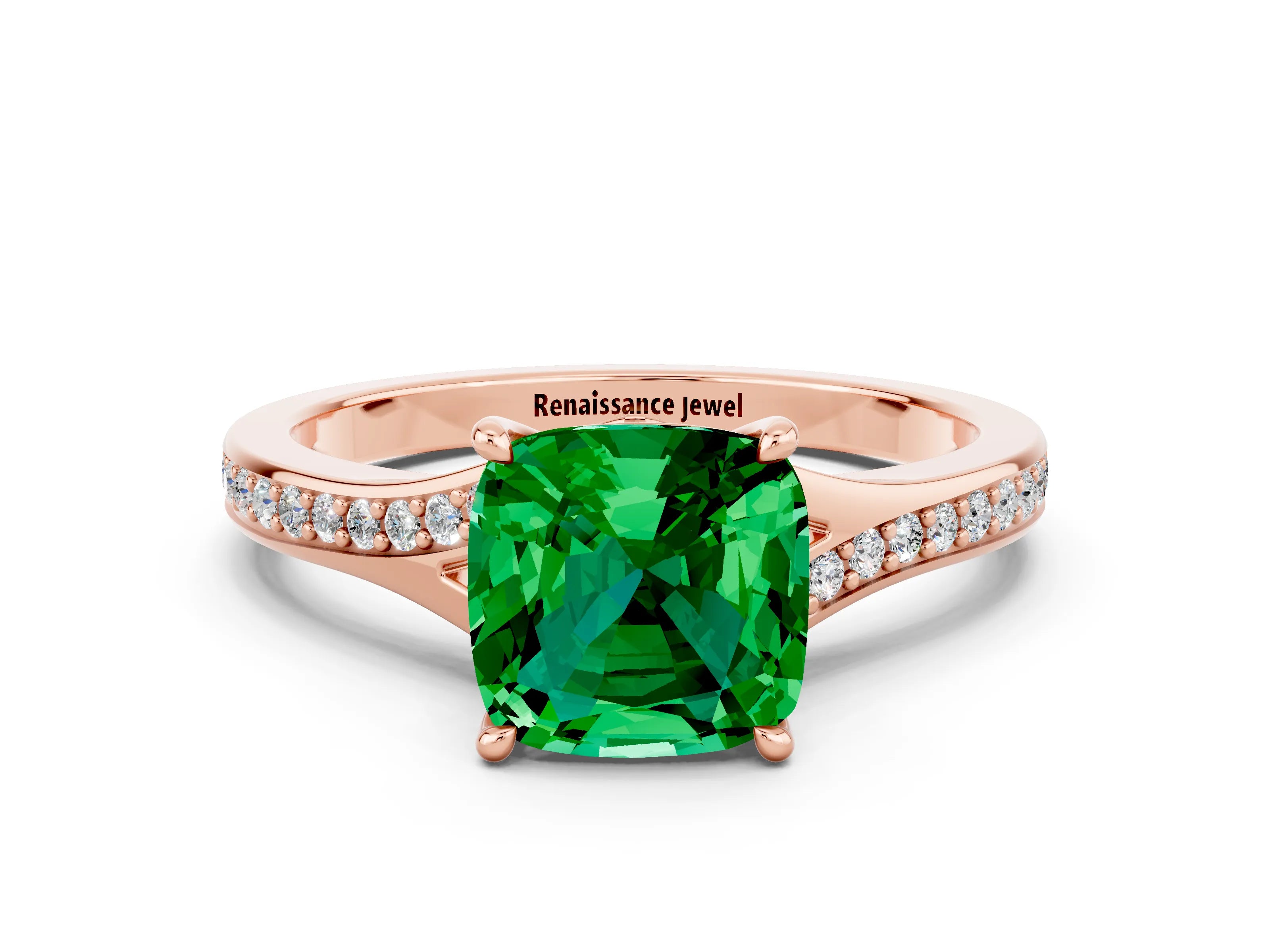 Rose gold Cushion Cut Emerald Solitaire Ring with Pavé Band and Prong Setting_12