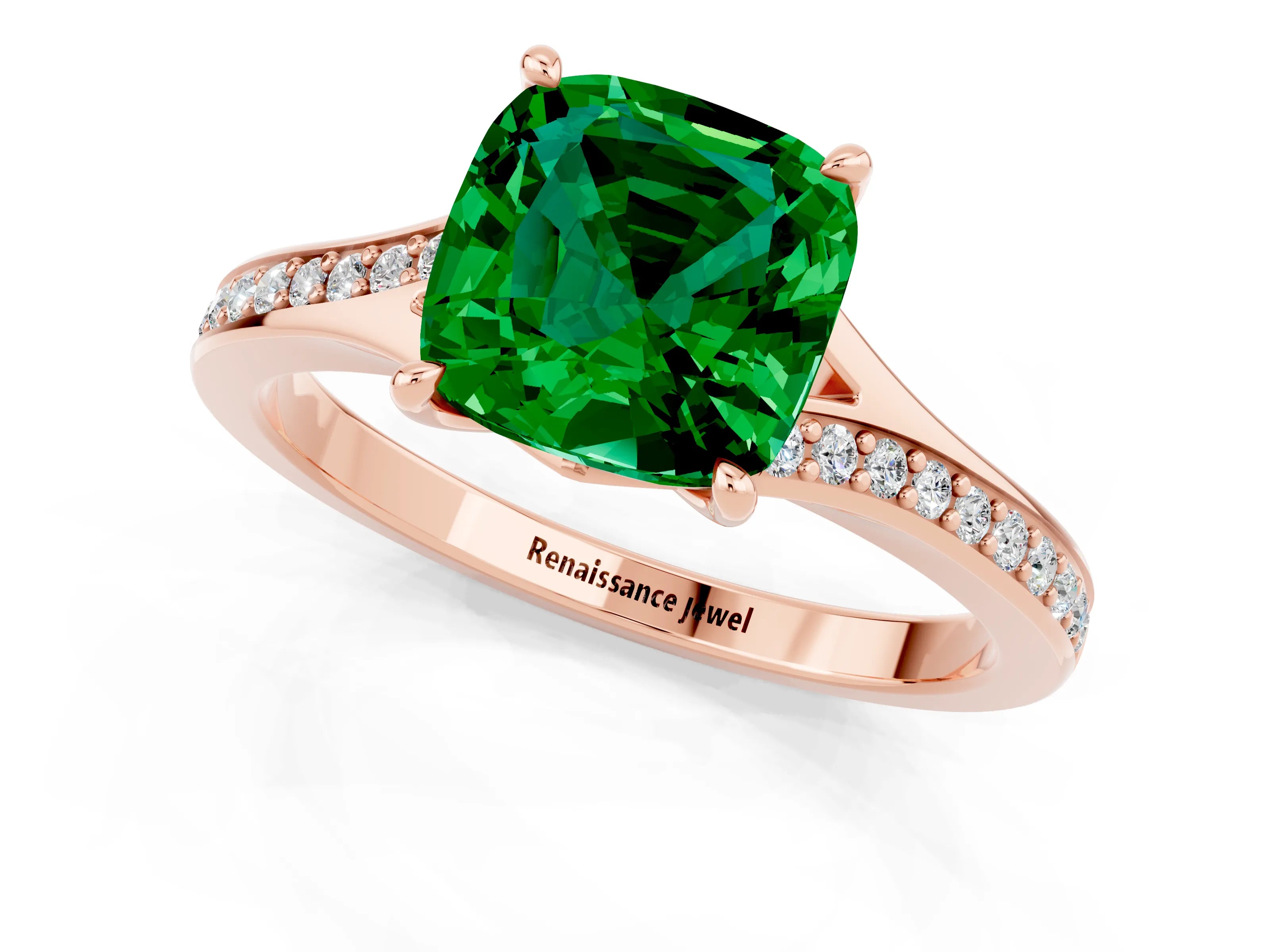 Rose gold Cushion Cut Emerald Solitaire Ring with Pavé Band and Prong Setting_13