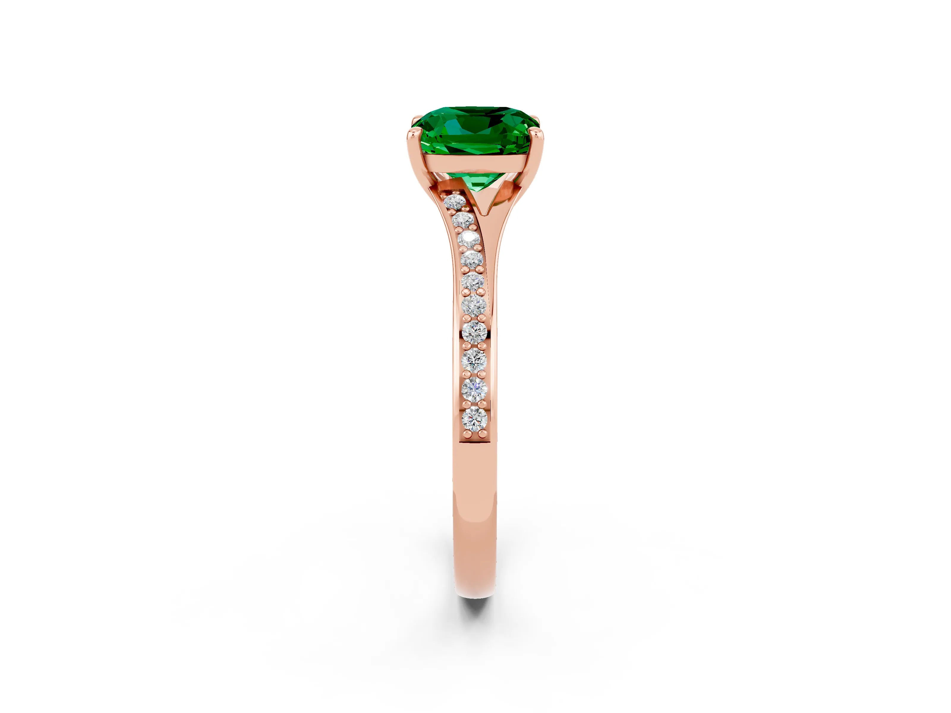 Rose gold Cushion Cut Emerald Solitaire Ring with Pavé Band and Prong Setting_14