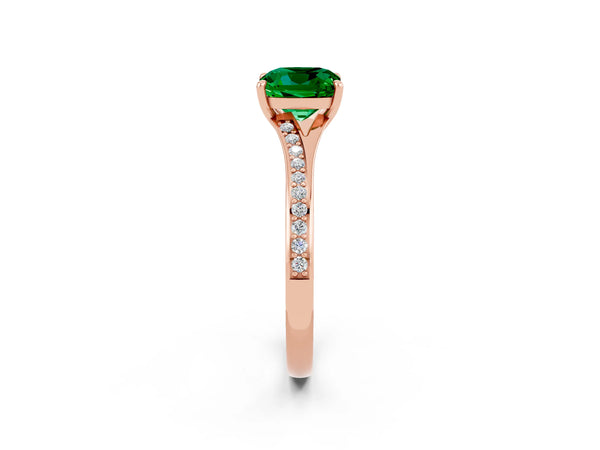 Rose gold Cushion Cut Emerald Solitaire Ring with Pavé Band and Prong Setting