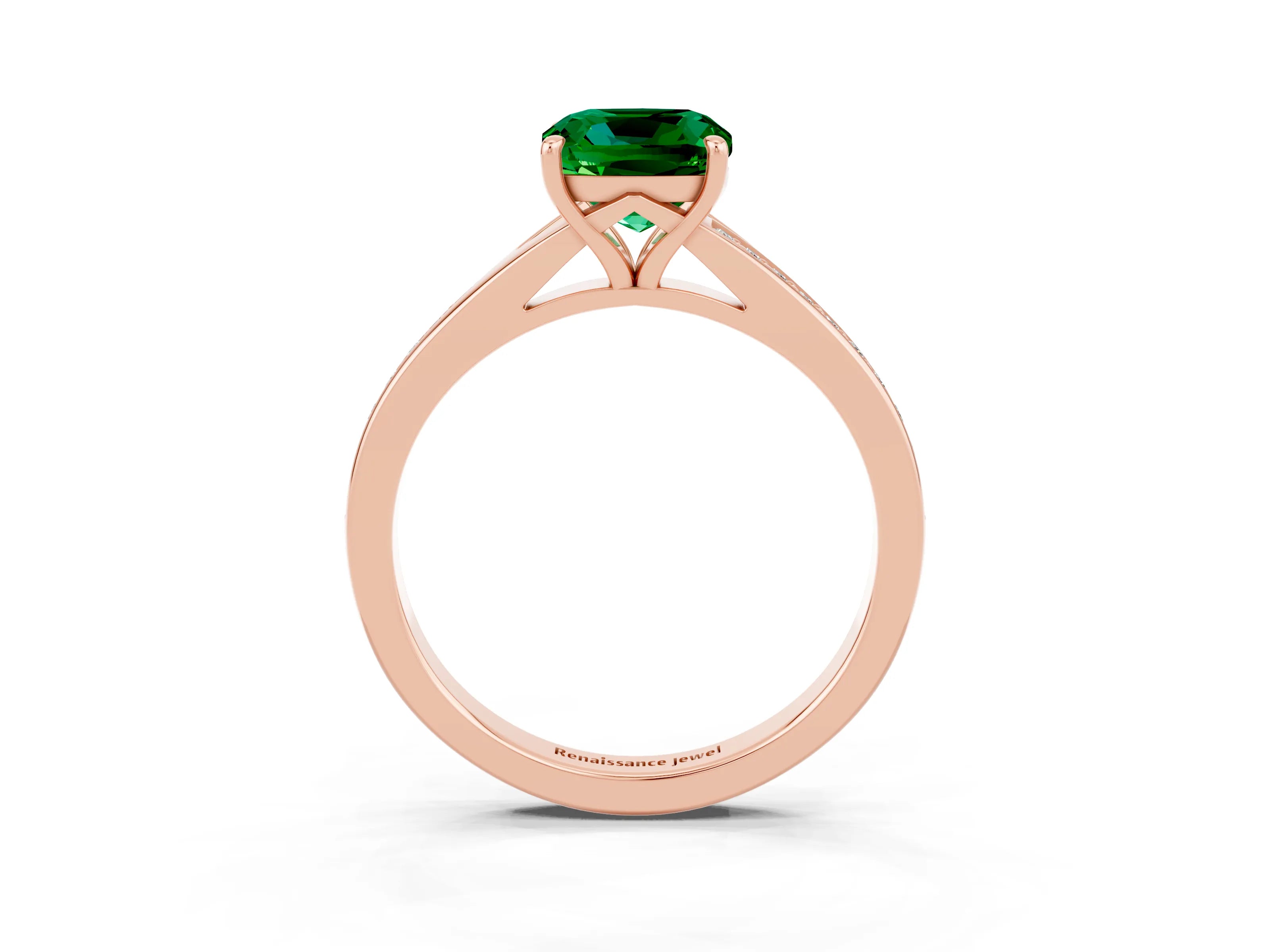 Rose gold Cushion Cut Emerald Solitaire Ring with Pavé Band and Prong Setting_15