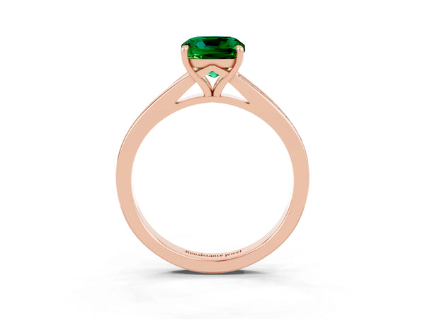 Rose gold Cushion Cut Emerald Solitaire Ring with Pavé Band and Prong Setting