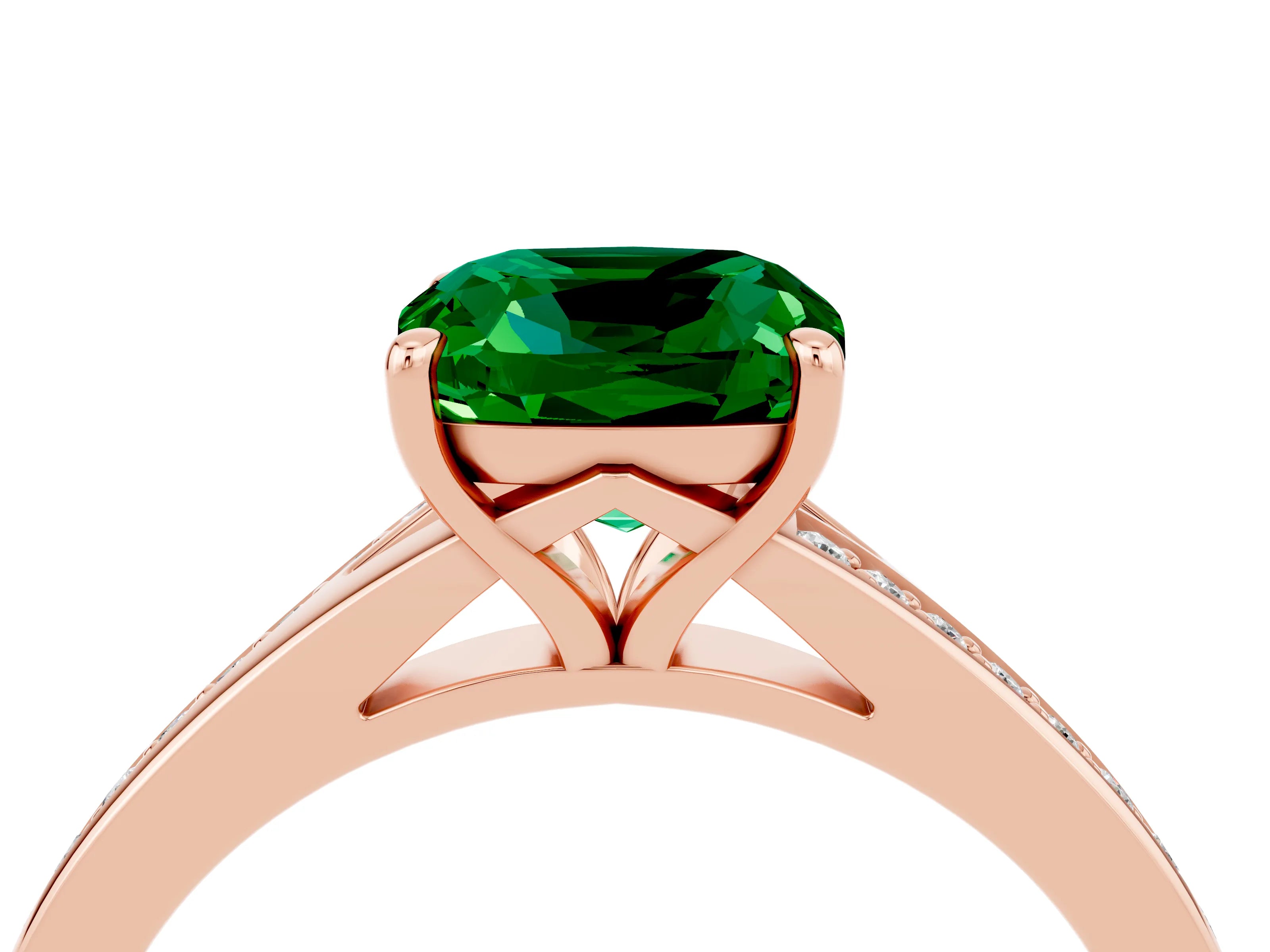 Rose gold Cushion Cut Emerald Solitaire Ring with Pavé Band and Prong Setting_16