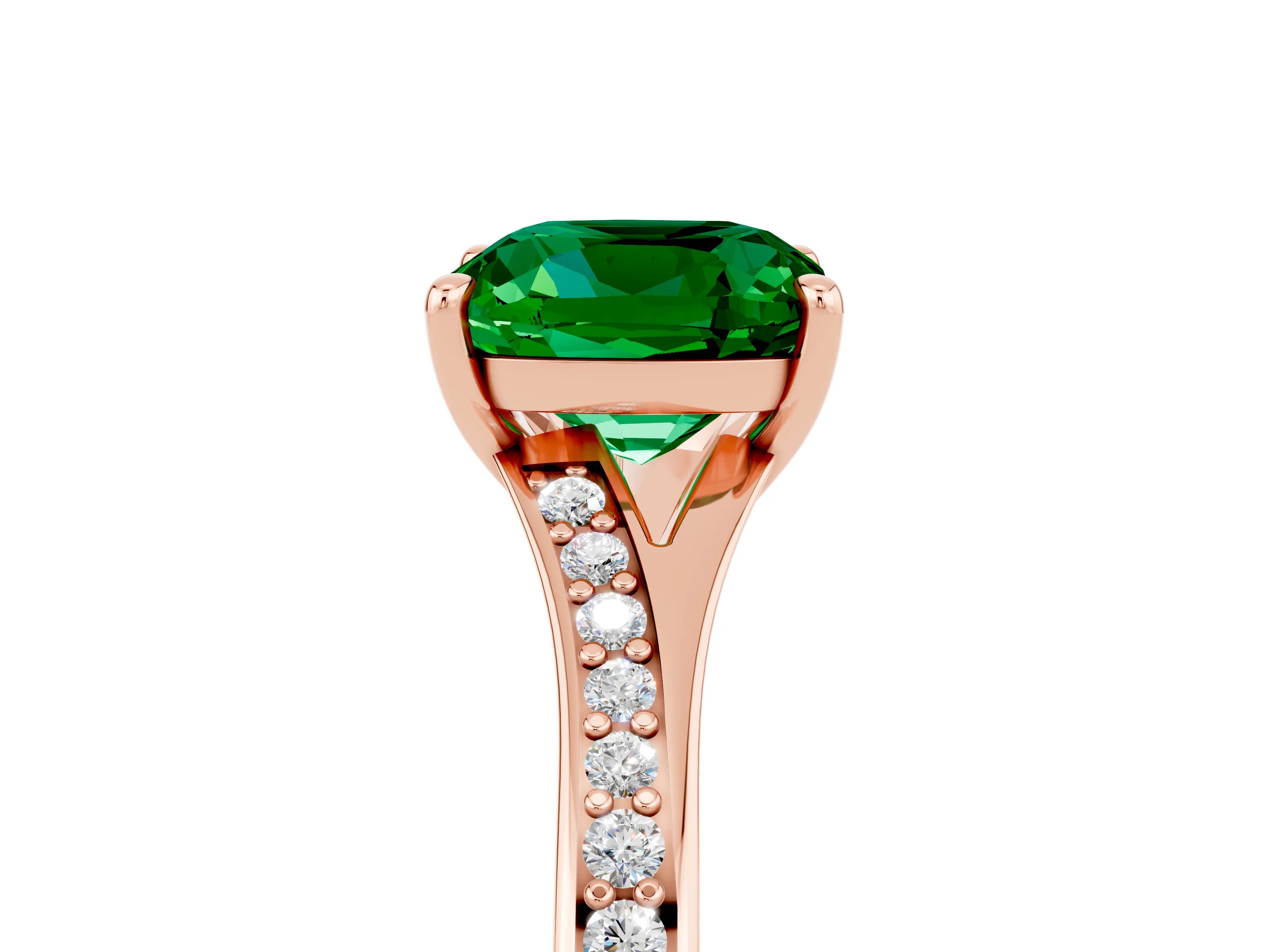 Rose gold Cushion Cut Emerald Solitaire Ring with Pavé Band and Prong Setting_17