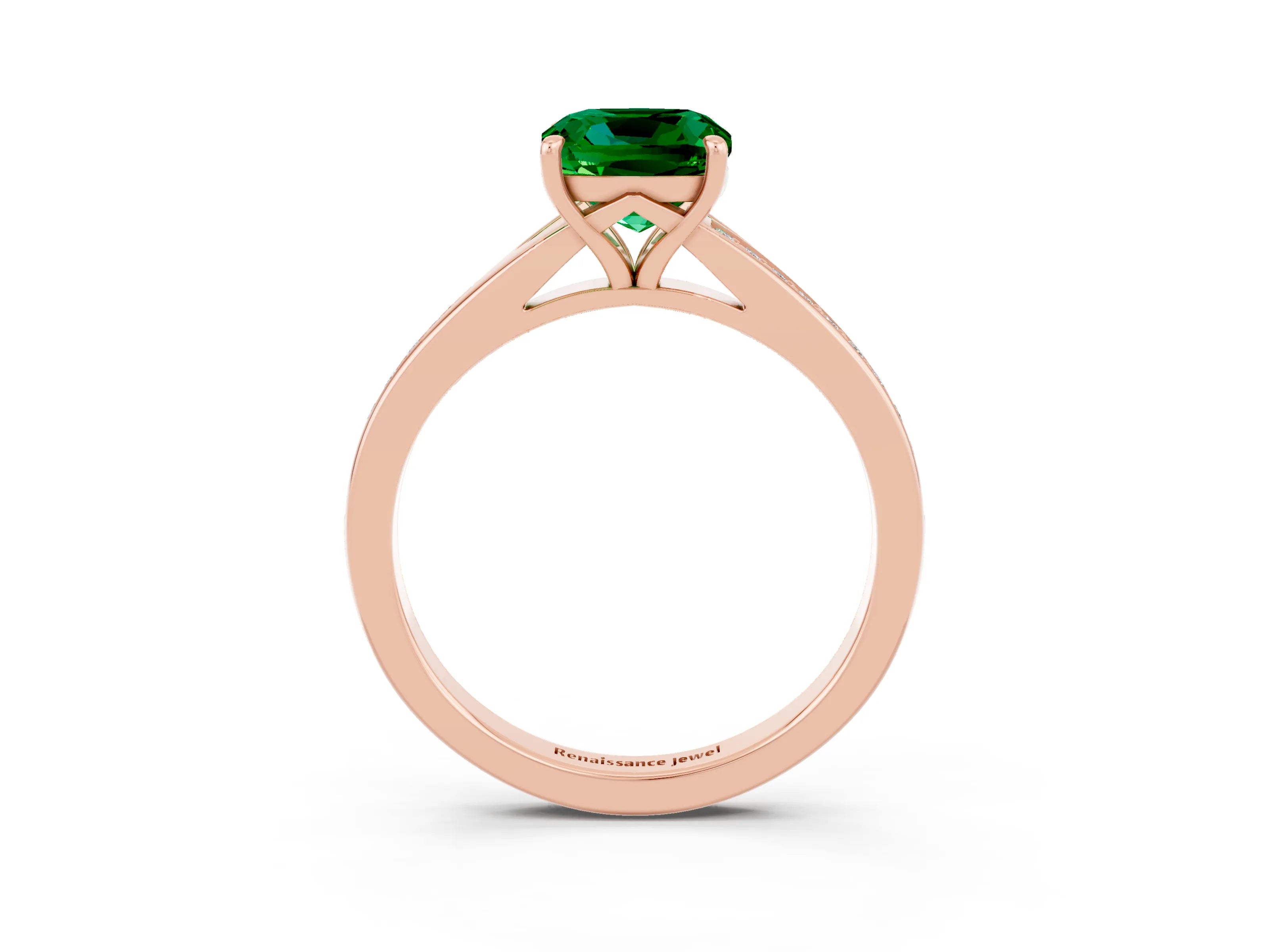 Rose gold Cushion Cut Emerald Solitaire Ring with Pavé Band and Prong Setting_3