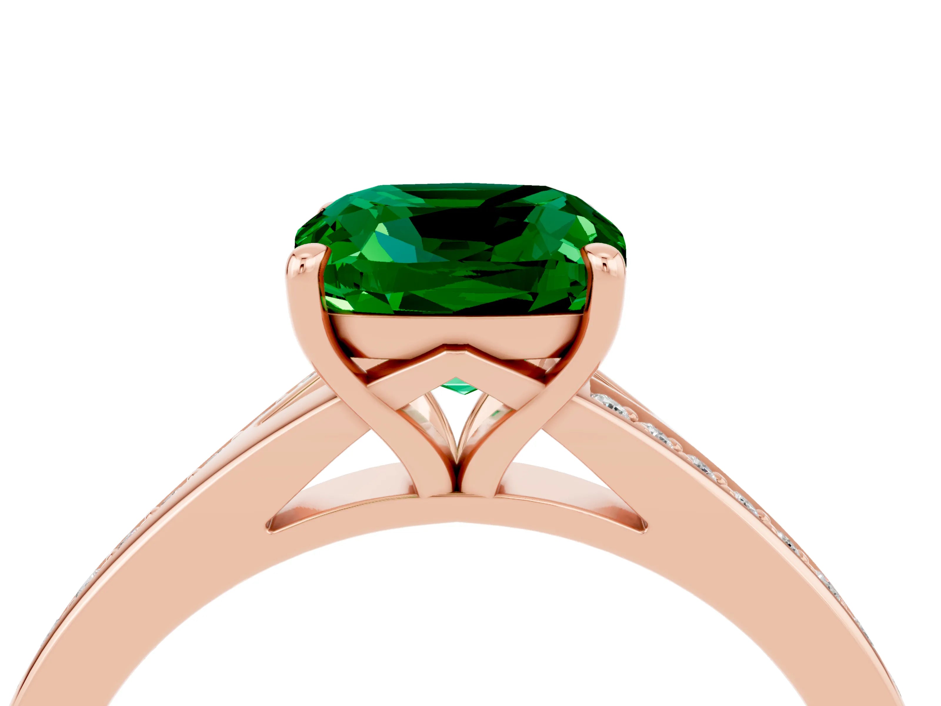 Rose gold Cushion Cut Emerald Solitaire Ring with Pavé Band and Prong Setting_4