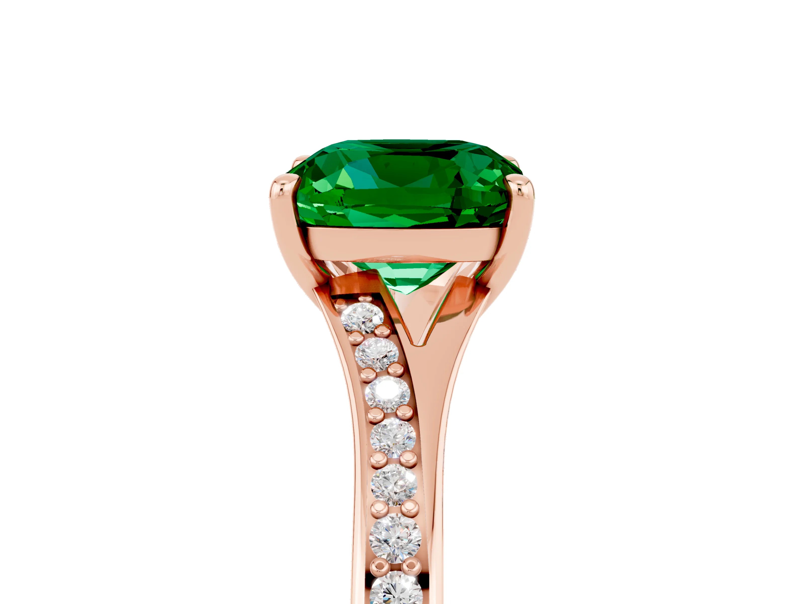 Rose gold Cushion Cut Emerald Solitaire Ring with Pavé Band and Prong Setting_5