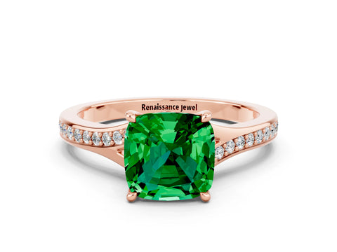 Rose gold Cushion Cut Emerald Solitaire Ring with Pavé Band and Prong Setting