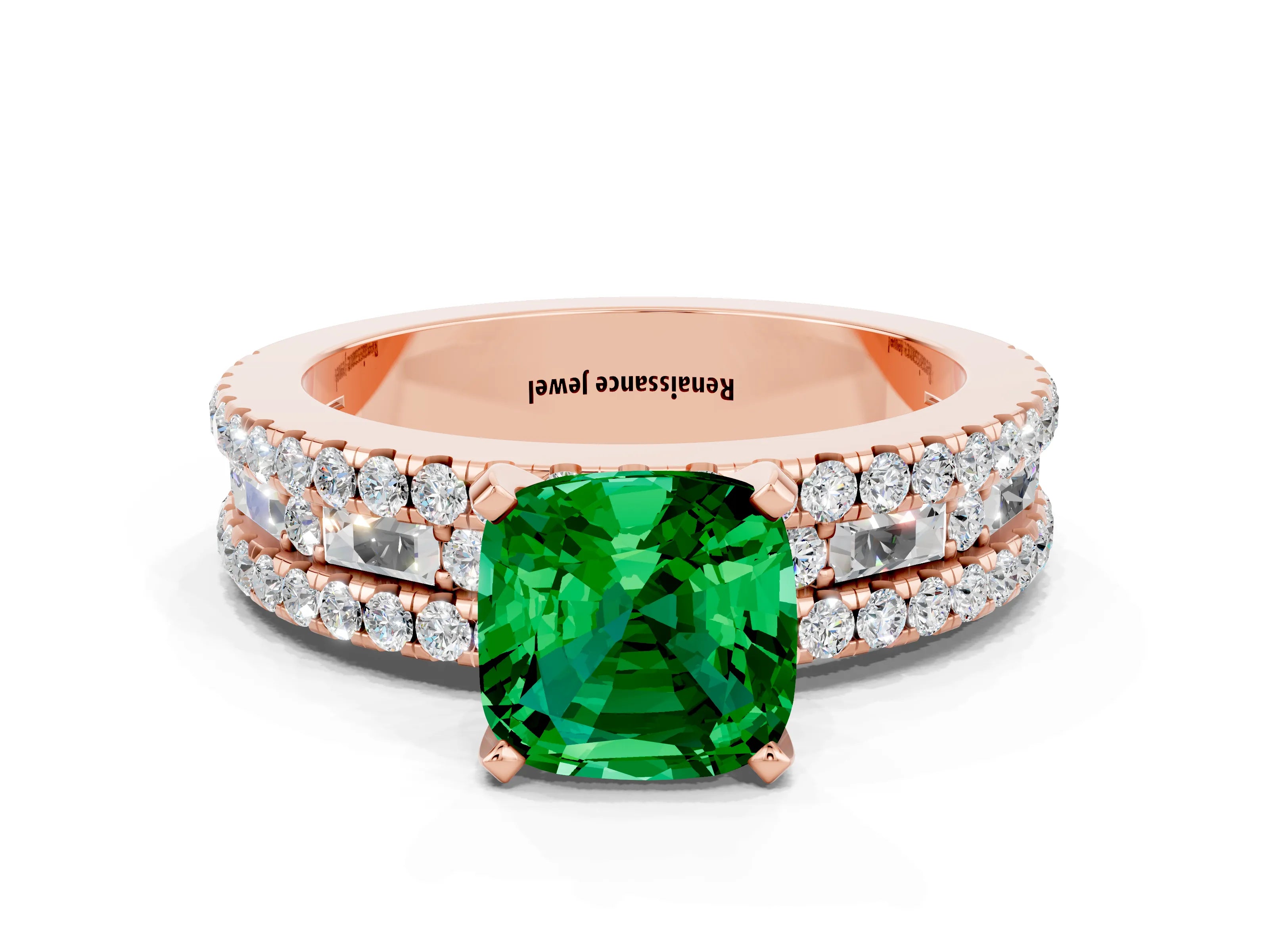 Rose gold Cushion Cut Emerald Solitaire Ring with Pavé and Channel Set Band