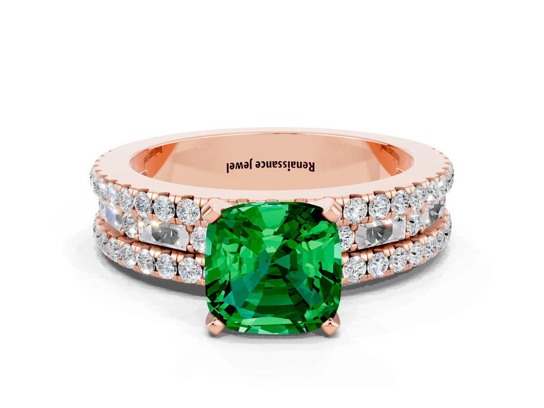 Rose gold Cushion Cut Emerald Solitaire Ring with Pavé and Channel Set Band