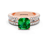 Rose gold Cushion Cut Emerald Solitaire Ring with Pavé and Channel Set Band