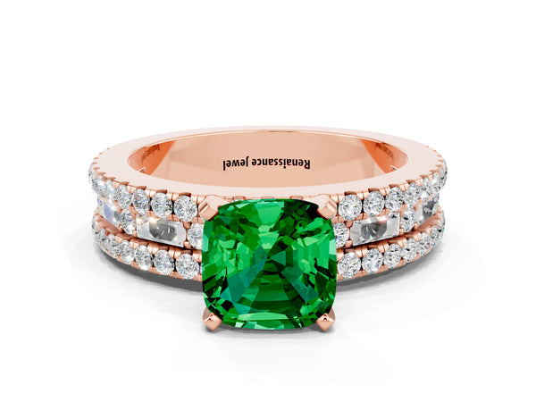 Rose gold Cushion Cut Emerald Solitaire Ring with Pavé and Channel Set Band