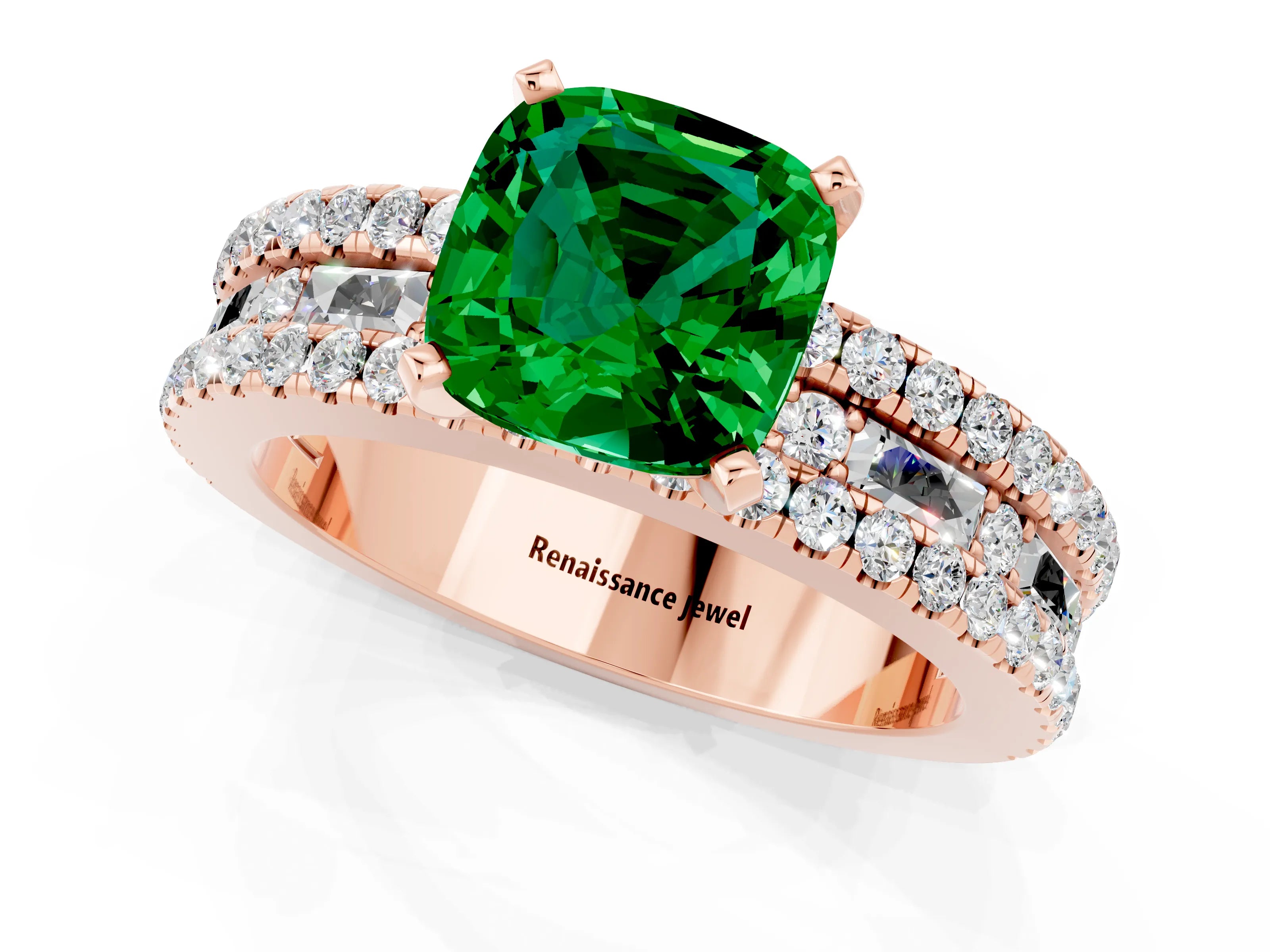 Rose gold Cushion Cut Emerald Solitaire Ring with Pavé and Channel Set Band_1