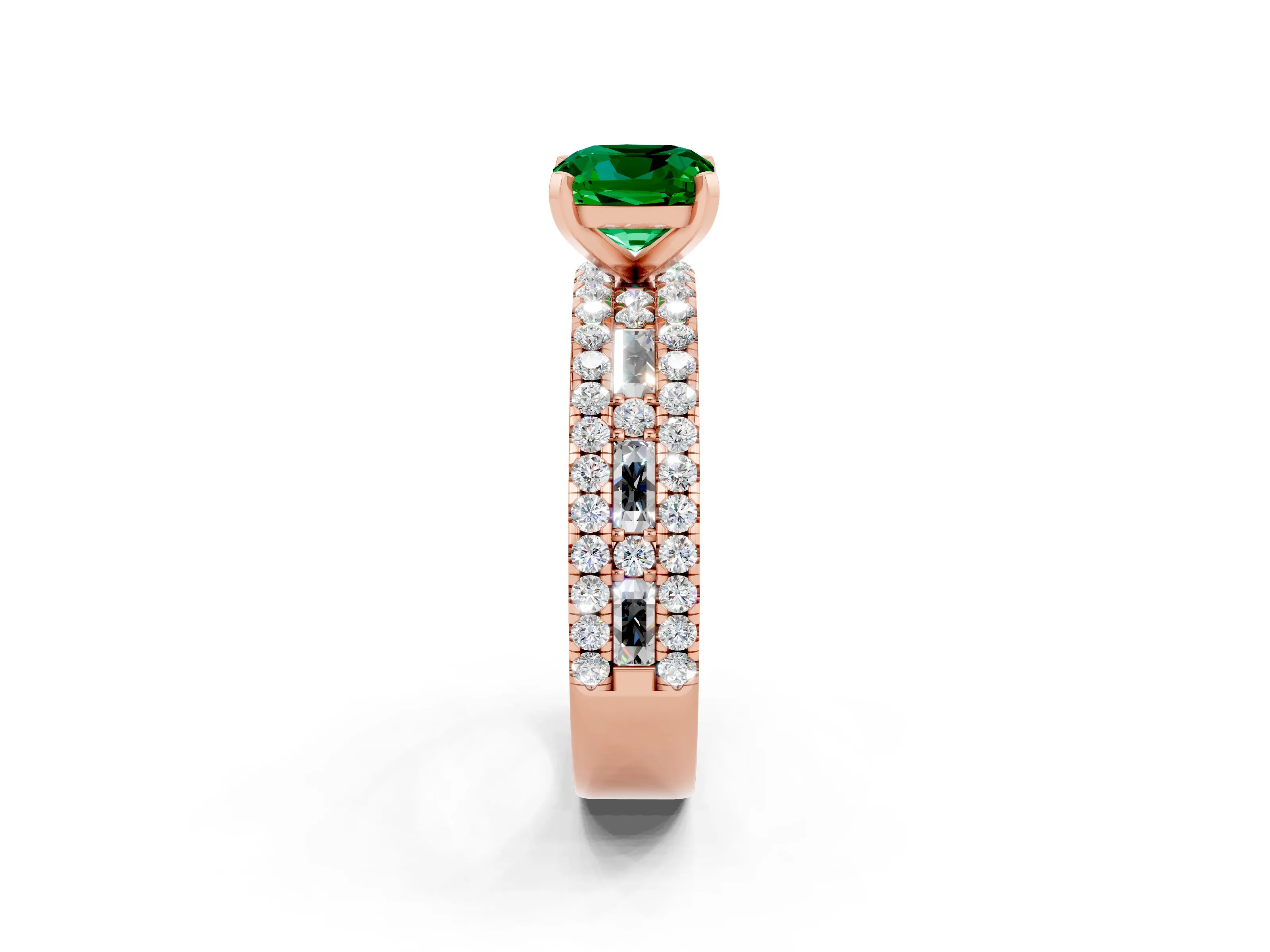 Rose gold Cushion Cut Emerald Solitaire Ring with Pavé and Channel Set Band_2