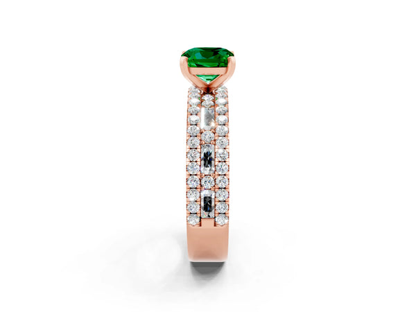 Rose gold Cushion Cut Emerald Solitaire Ring with Pavé and Channel Set Band