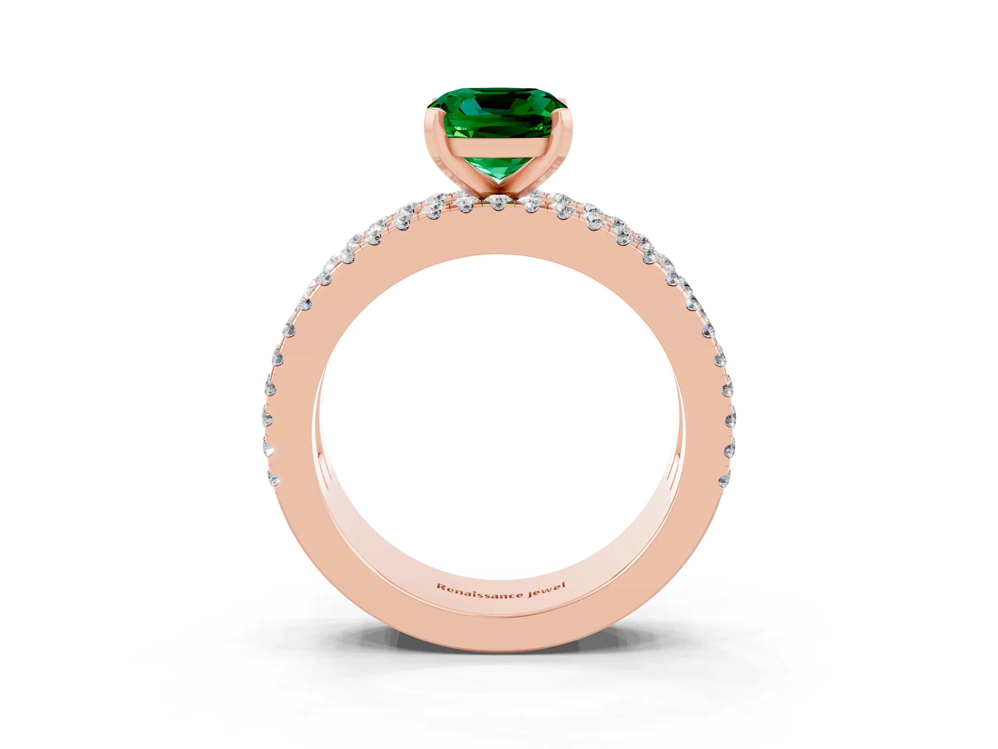 Rose gold Cushion Cut Emerald Solitaire Ring with Pavé and Channel Set Band_3