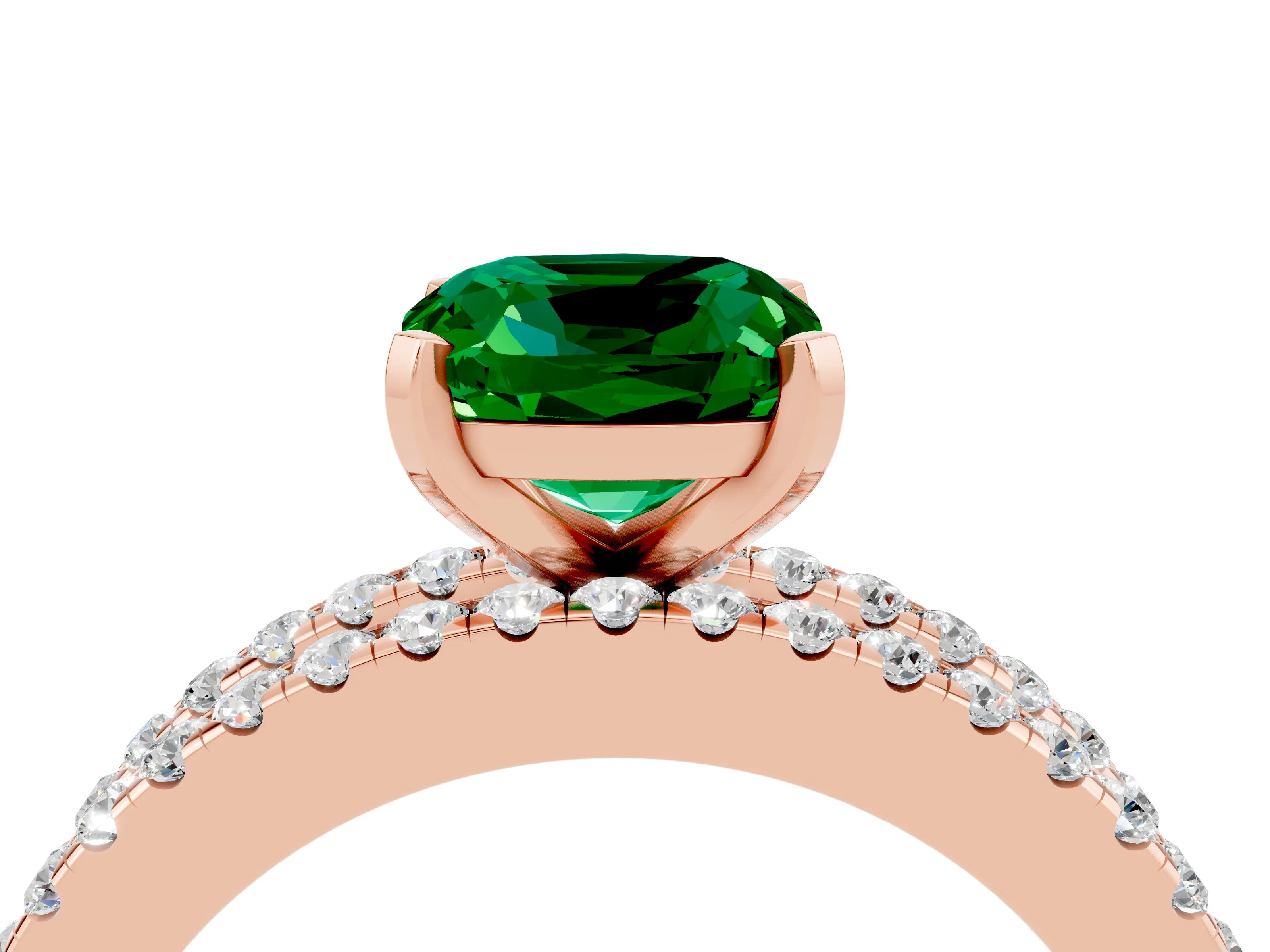 Rose gold Cushion Cut Emerald Solitaire Ring with Pavé and Channel Set Band_4