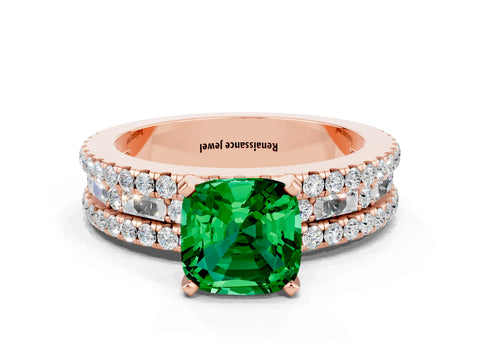 Rose gold Cushion Cut Emerald Solitaire Ring with Pavé and Channel Set Band