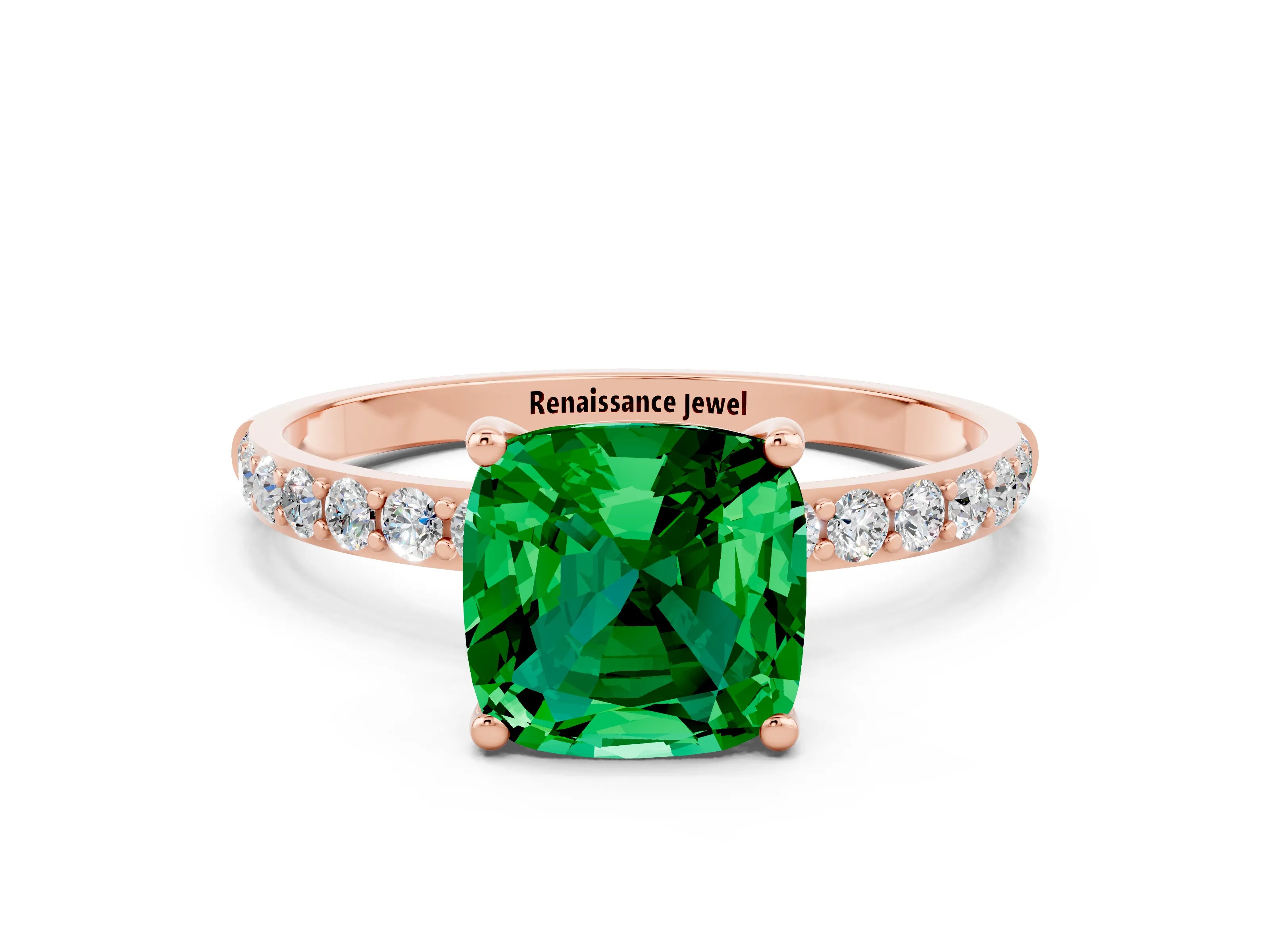 Rose gold Cushion Cut Emerald Solitaire Ring with Pave Band and Four Prong Setting_24
