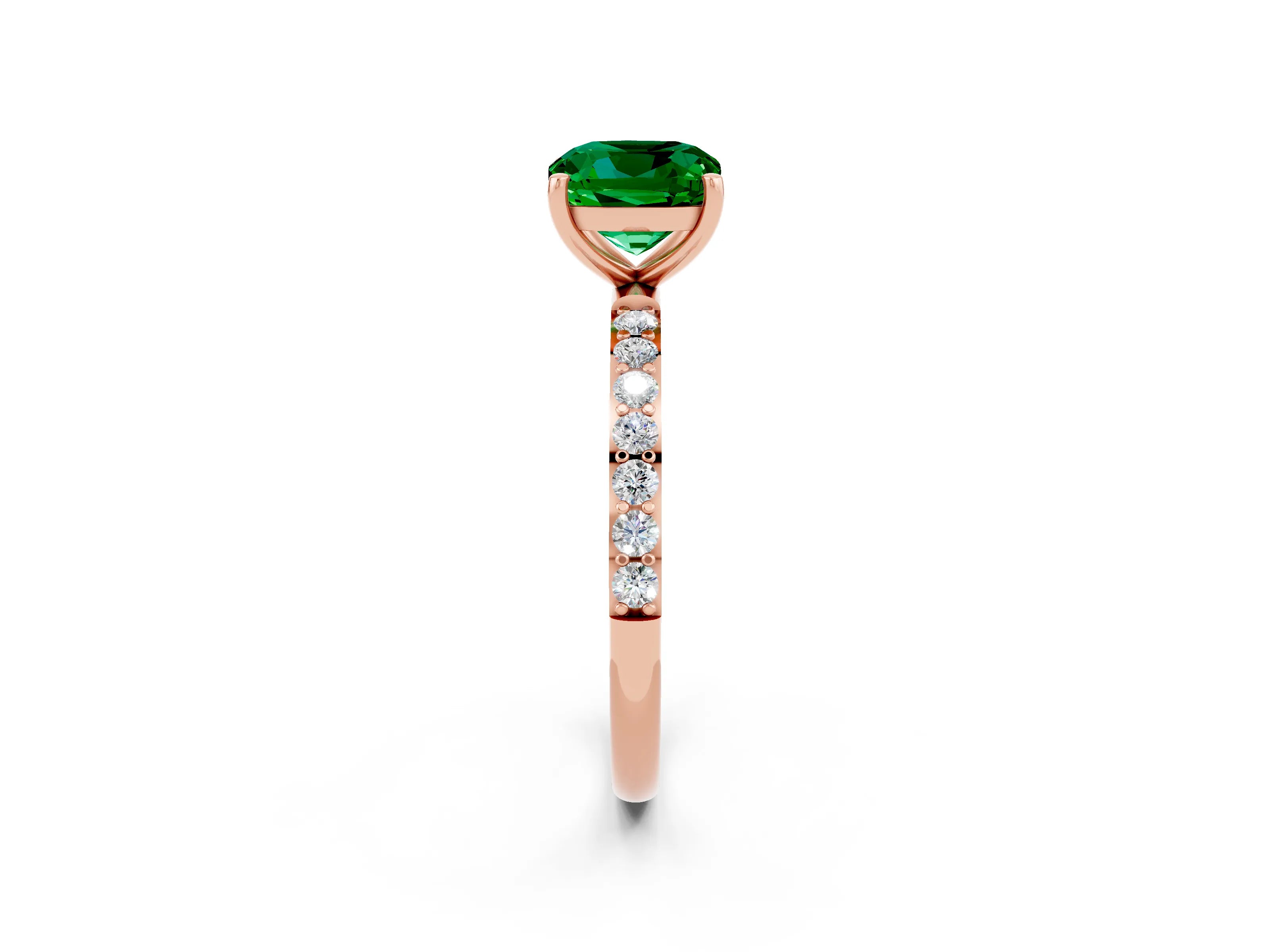 Rose gold Cushion Cut Emerald Solitaire Ring with Pave Band and Four Prong Setting_26