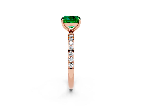 Rose gold Cushion Cut Emerald Solitaire Ring with Round  Pavé Band and Prong Setting